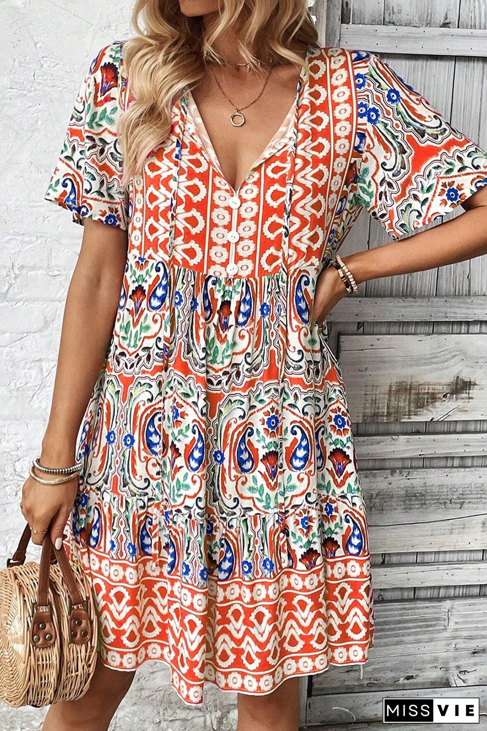 Bohemian Print Tie Neck Ruffle Hem Short Dress