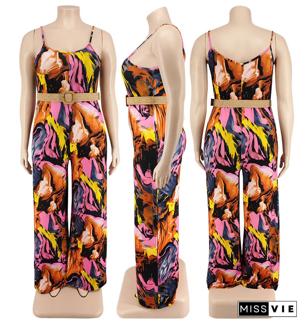 Plus Size Print Wide Leg Jumpsuit with Belt