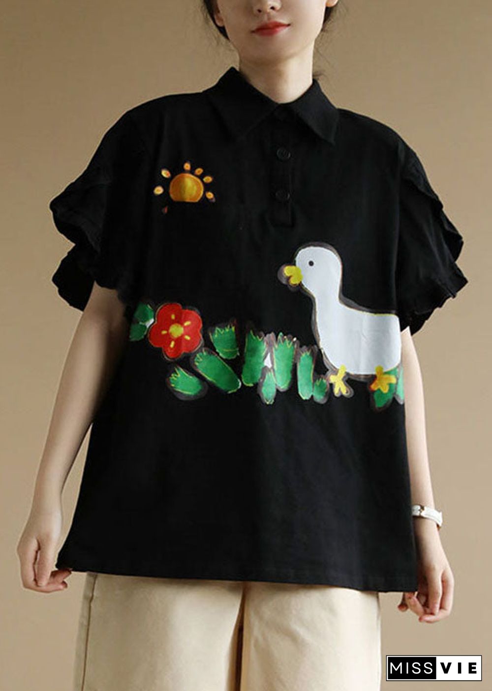 French Black Turn-down Collar Ruffled Character Applique Cotton Shirts Short Sleeve