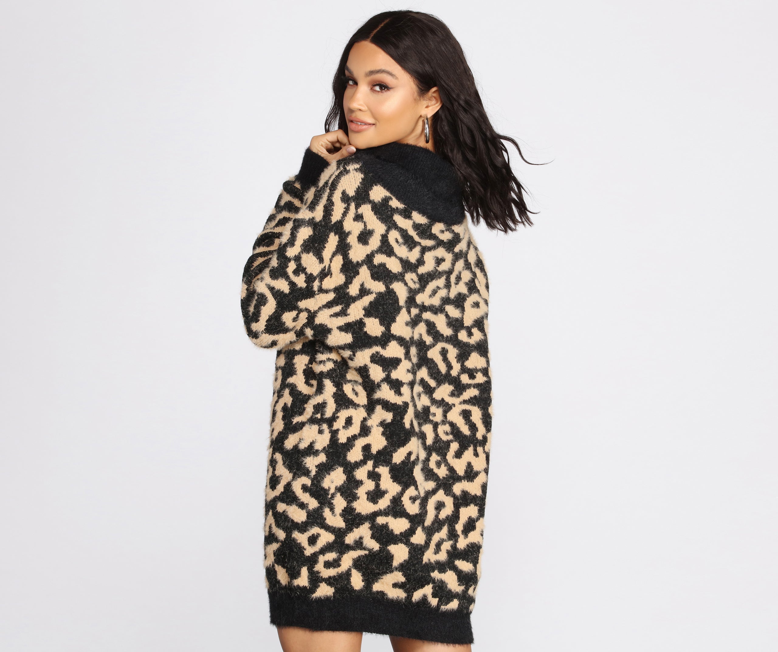 Angora Knit Leopard Print Sweater Dress