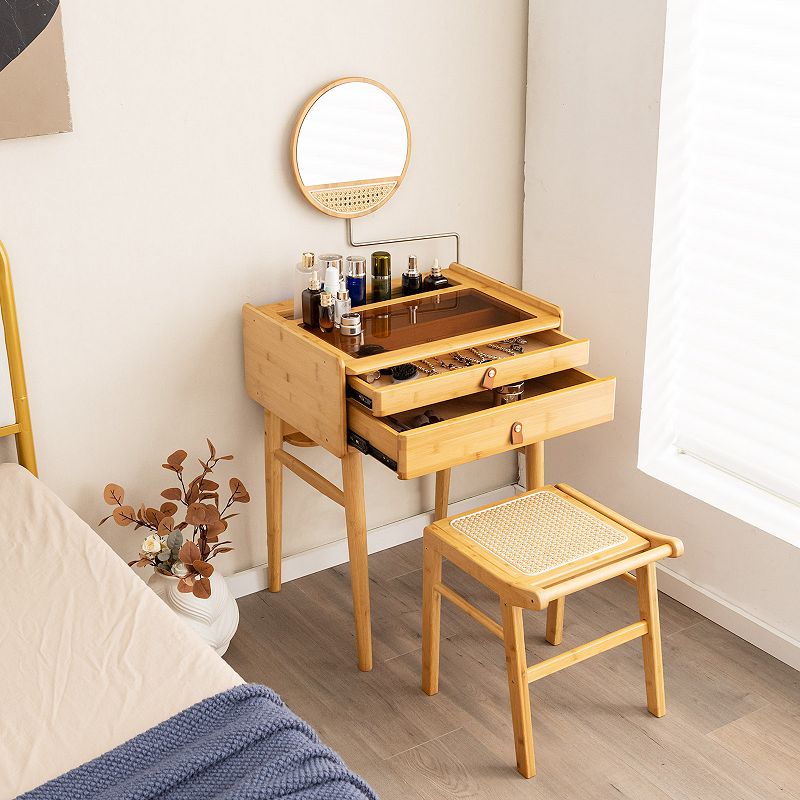 Wicker Vanity Stool With Rattan Top And Reinforcement Bar-natural