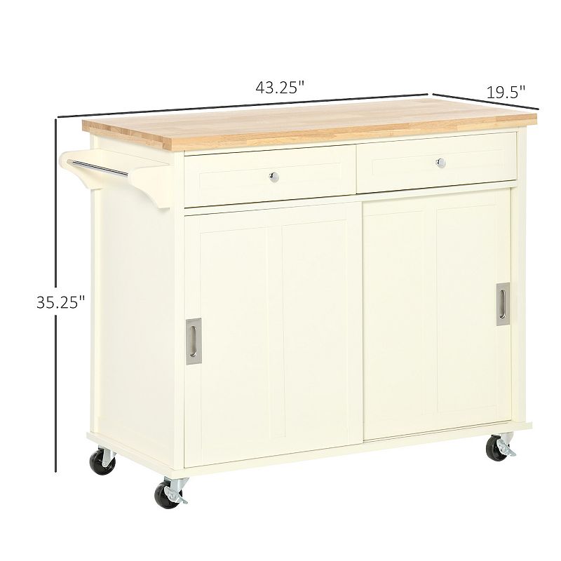 HOMCOM 43 Rolling Kitchen Island Kitchen Storage Cart on Wheels with Sliding Doors Cabinet 2 Drawers and Towel Rack Cream White