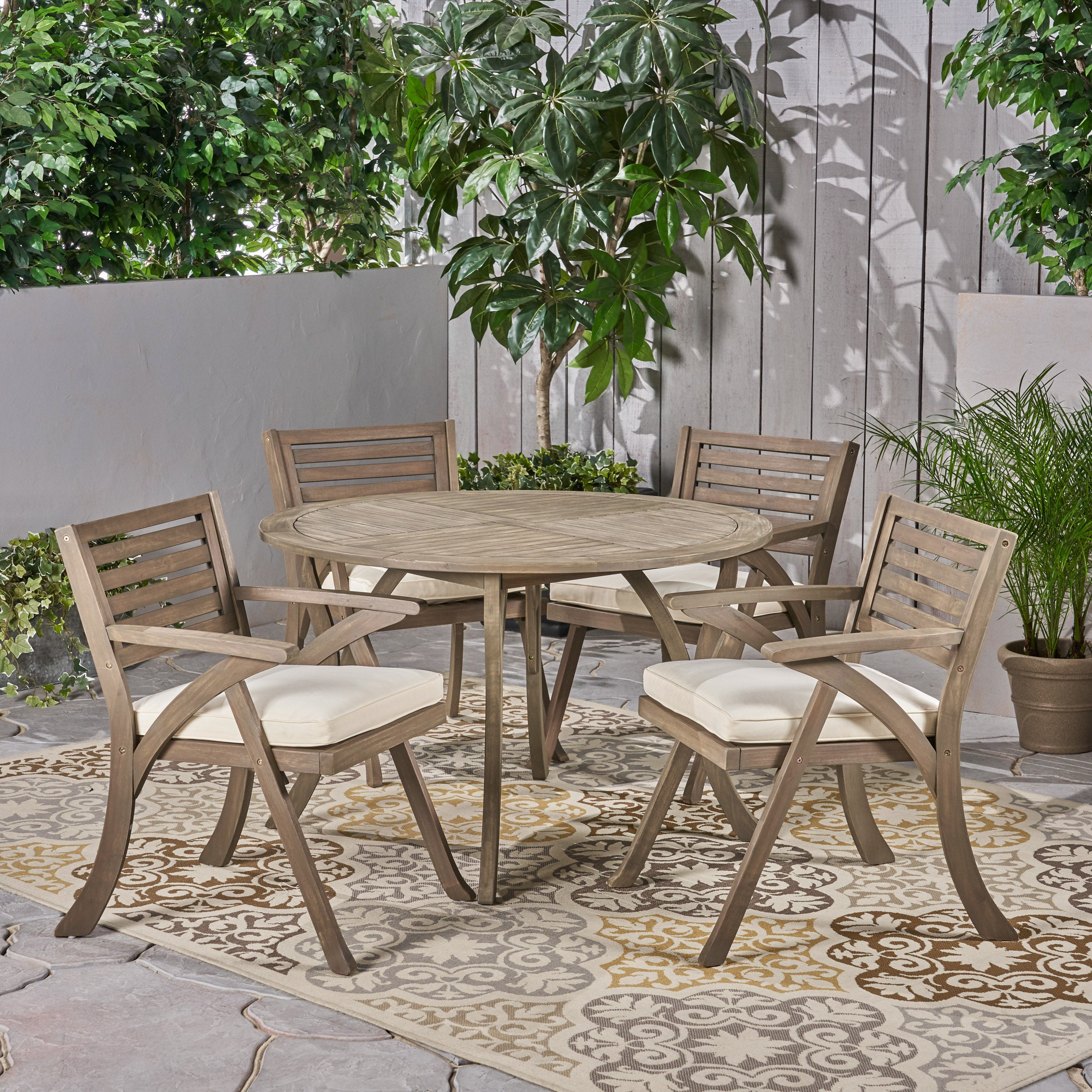 Hestia Outdoor 5 Piece Acacia Wood Dining Set with Round Table