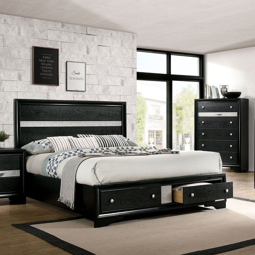 Manzini Contemporary Black Solid Wood 2 Piece Storage Platform Bed and Chest Set by Furniture of America