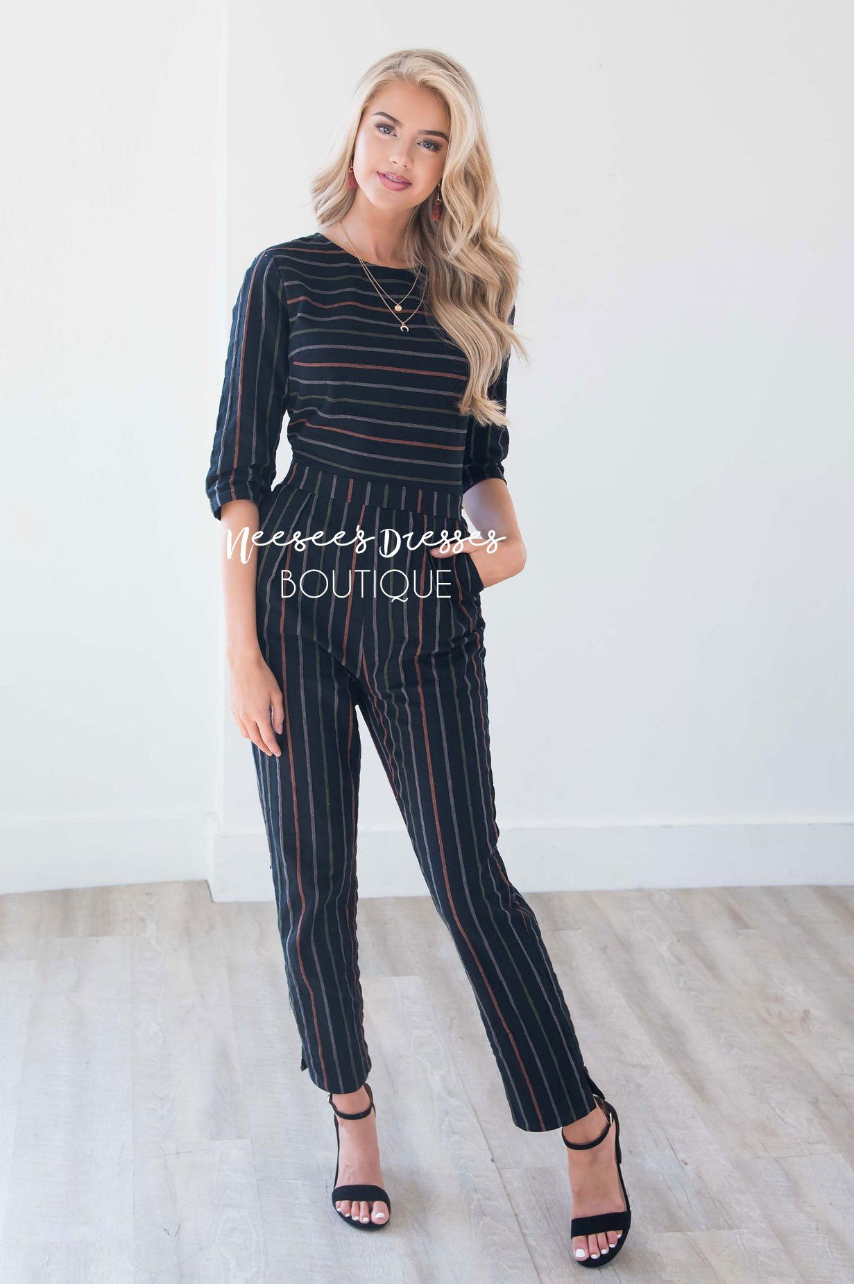 Black Pinstripe Linen Jumpsuit