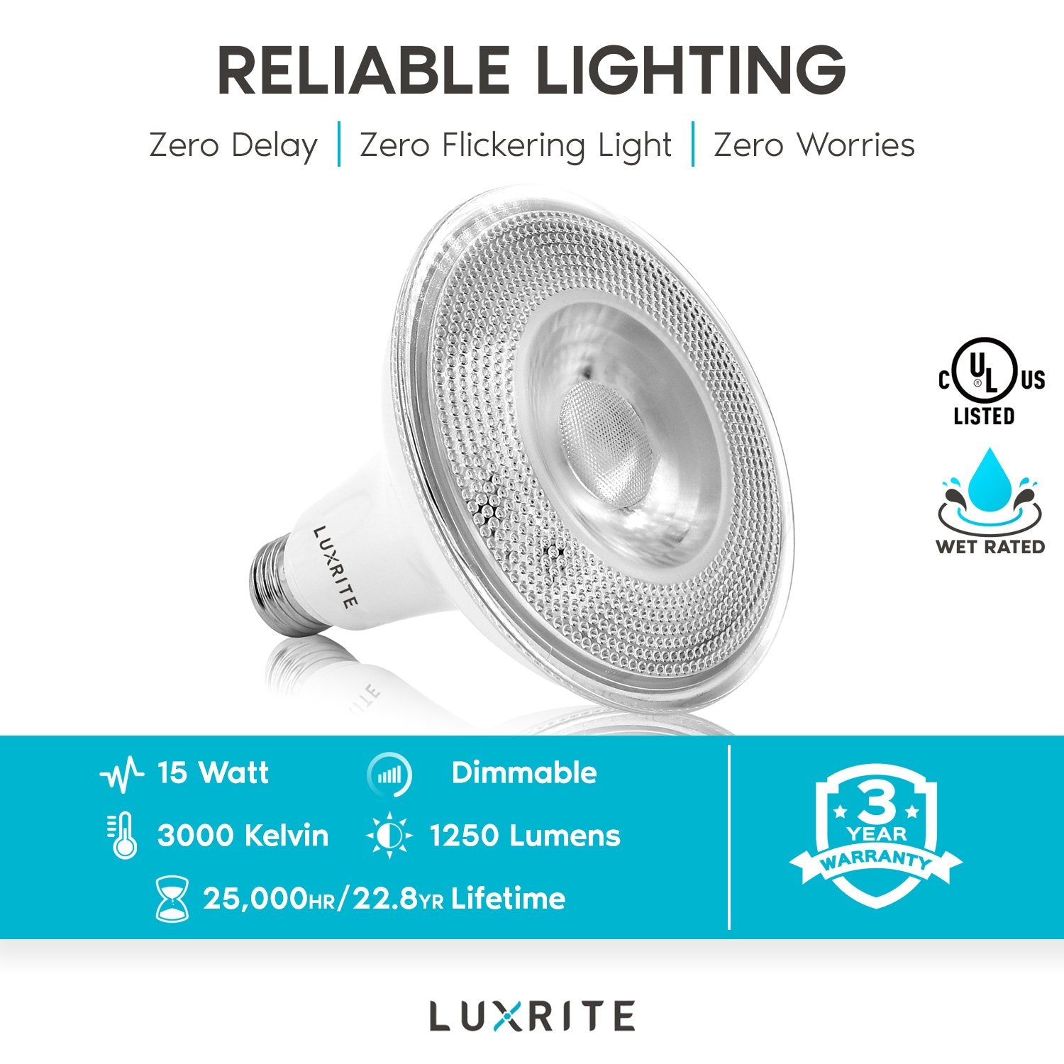 Luxrite 6-Pack LED PAR38 Flood Light Bulb 3000K Soft White 1250 Lumens 15W Dimmable Wet Rated E26 Base UL Listed