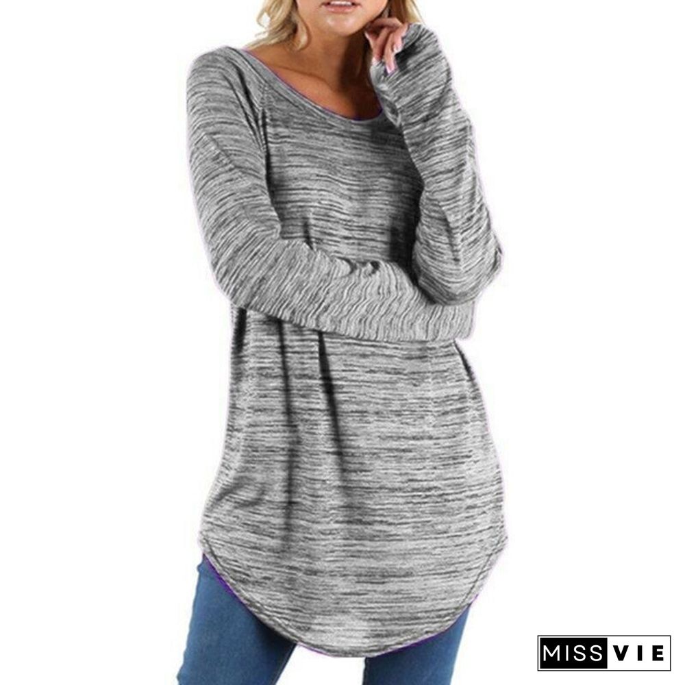 New Women Fashion Plus Size Solid Color Loose Shirt Irregular Slim Long Sleeve T-Shirt