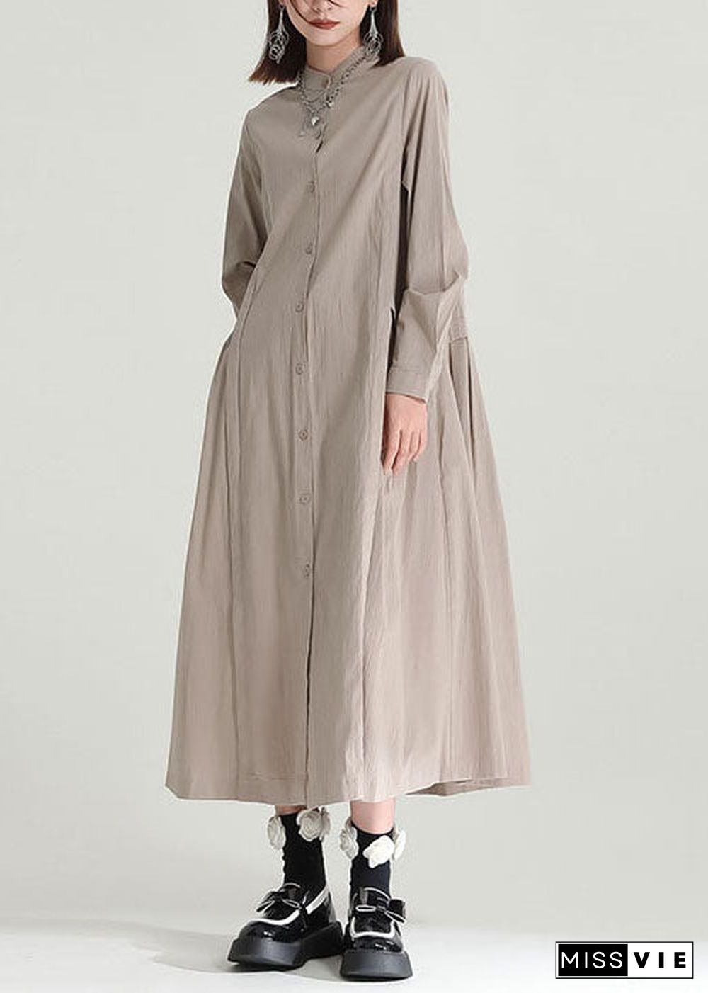 Casual Solid Color Stand Collar Patchwork Linen Long Dress Fall