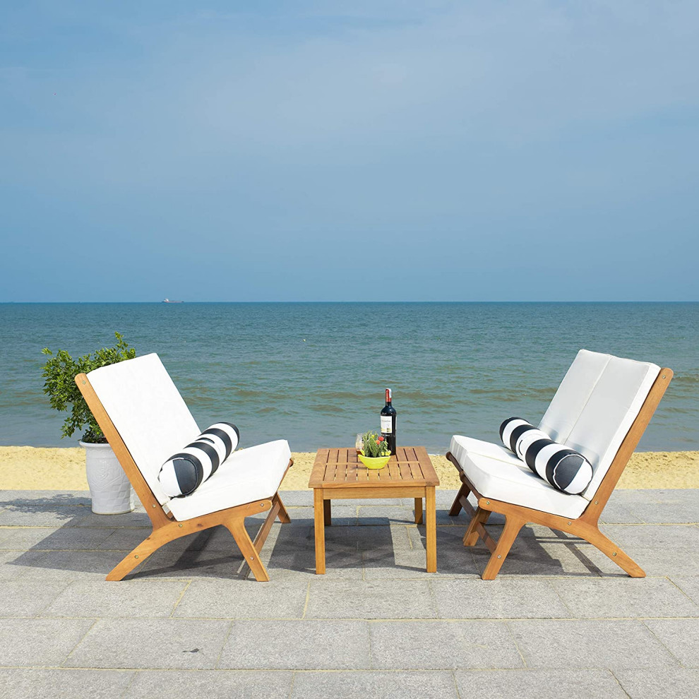 4 Piece Patio Set  Natural Frame  ampCushioned Chairs With Pillows   Transitional   Coffee Tables   by Declusia  Houzz