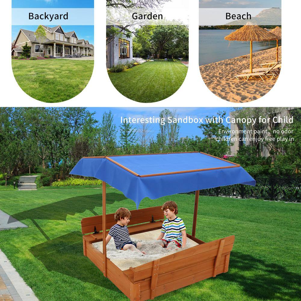 Cesicia Kids Outdoor Wooden Sandboxes with Canopy Retractable Covers Foldable Bench Seat M23224D01