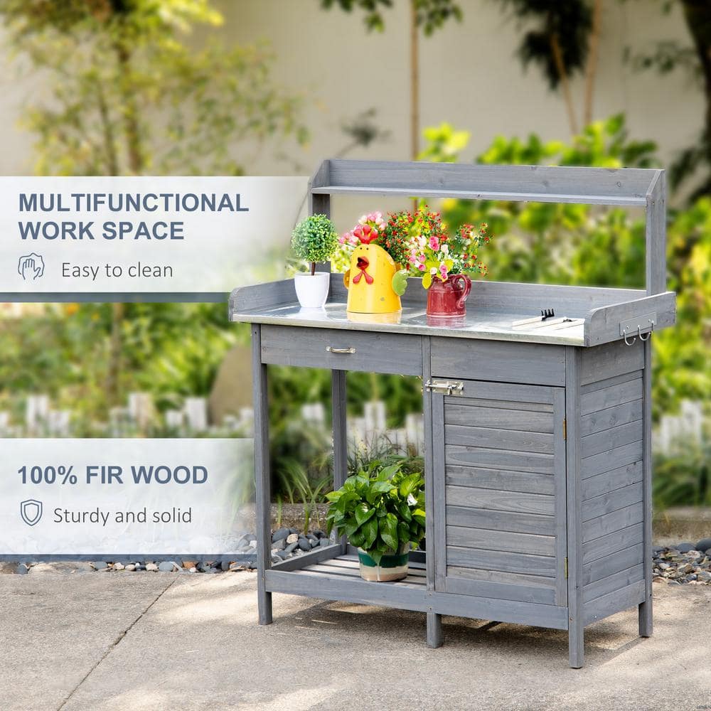 Grey Outdoor Wooden Potting Bench Table Garden Work Station with Storage Cabinet Steel Tabletop Side Hooks Drawer PT-P174492FU