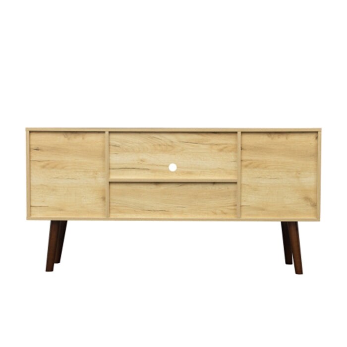 55 inch modern TV stand Mid century TV console with open storage shelves and OAK finish