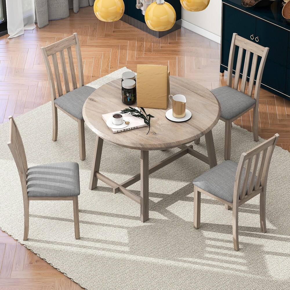 5 Piece Round Extendable Dining Table Set with 4 Chairs  Natural Wood