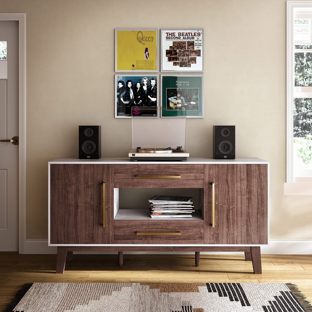 BELLEZE Tristan Sideboard w/ Drawers and Enclosed Cabinets   Dark Walnut