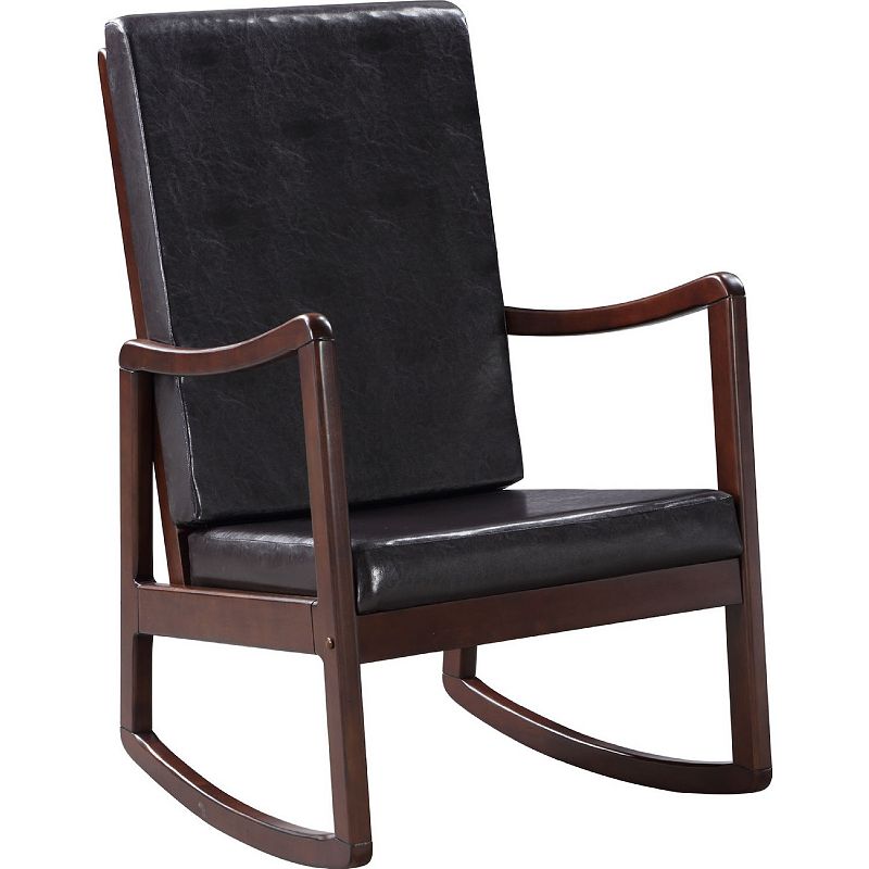 Rocking Chair With Leatherette Seating And Wooden Frame， Black