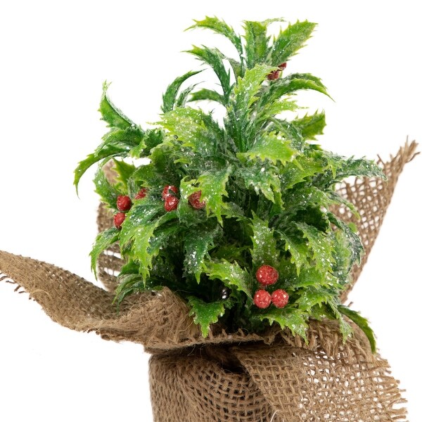 Iced Artificial Christmas Holly Berry Plant in Burlap Base