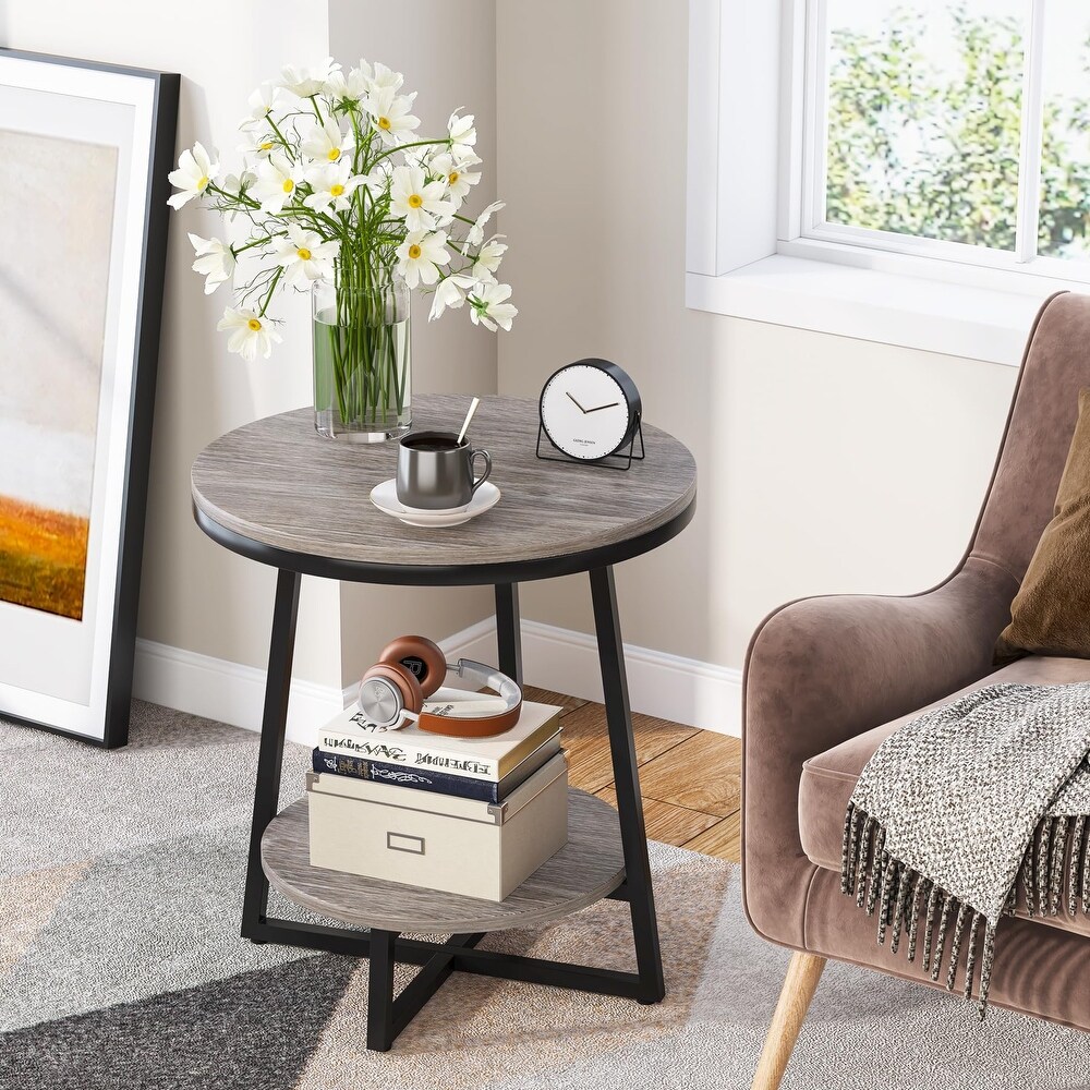 2 Tier Industrial Round Side End Table with Storage Living Room