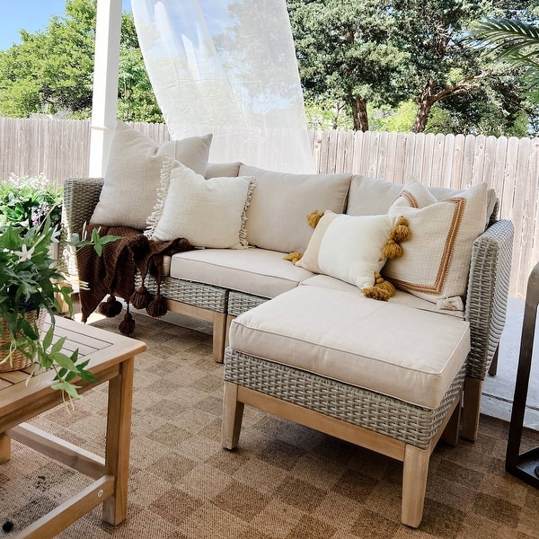 MAISON ARTS 5Piece Outdoor Rattan and Acacia Wood Sectional Sofa Set，Patio Wicker Conversation Set with Coffee Table