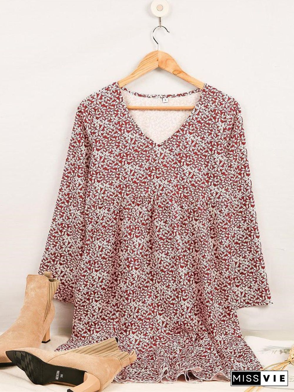 Women Long Sleeve V-neck Floral Printed Mini Dress