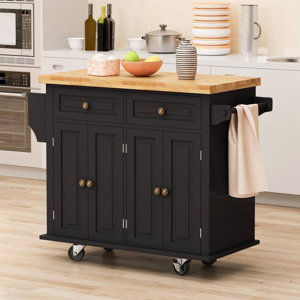 Whatseaso Black Wood 43.31 in. Kitchen Island with 2-Storage Cabinets and 2-Locking Wheels MY23K-110515761