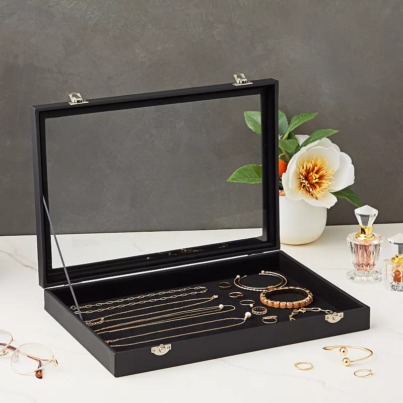 Black Velvet Jewelry Display Case for Rings， Bracelet and Necklace Organizer Box (14 x 9.5 In)