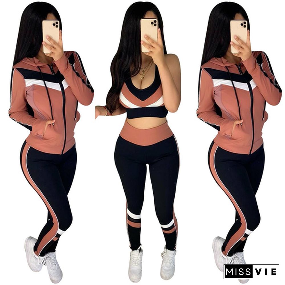 Women Fashion Sports Suits Running Wear Gym Clothes Vest Top / Pants/ Coat 3Pcs Set