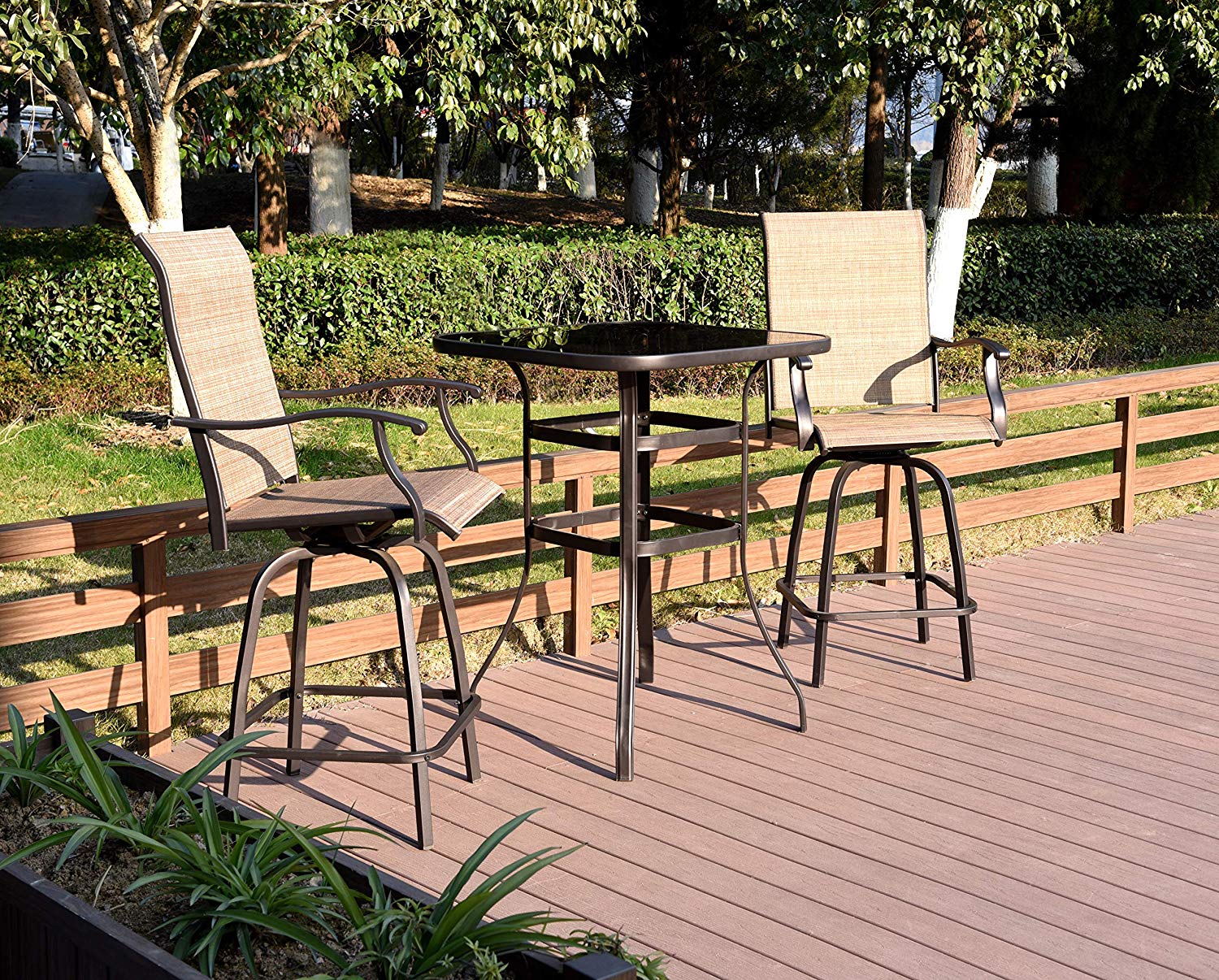 UBesGoo Outdoor 3 Piece Bar Set，Brown Iron Frame Swivel Bar Chairs and Table