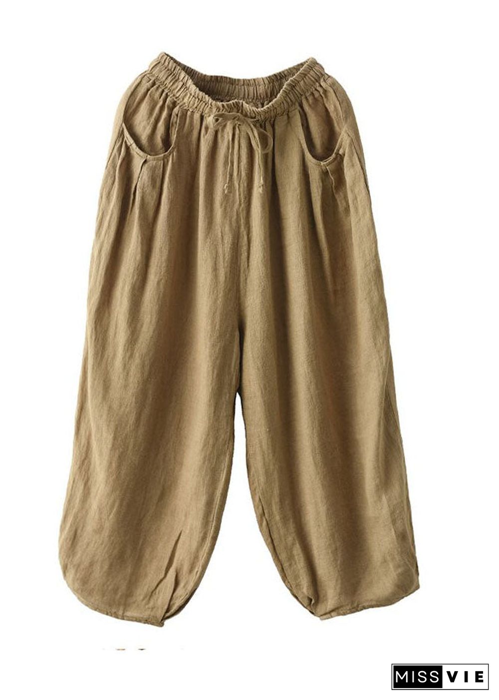 Unique Brown Pockets Patchwork Linen Crop Pants Summer