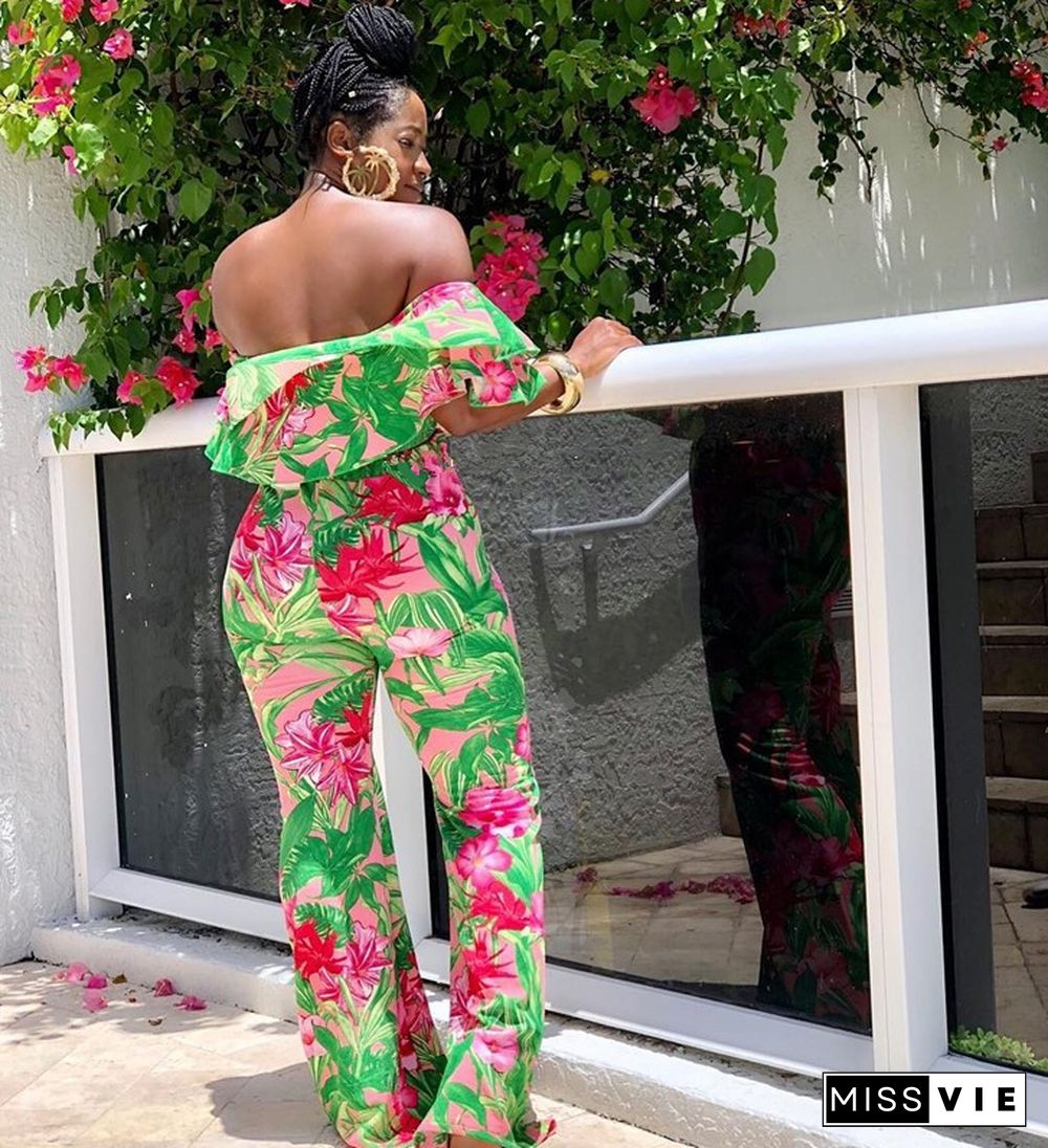 Sexy Off Shoulder Ruffles Floral Printed Wide-legs Jumpsuit