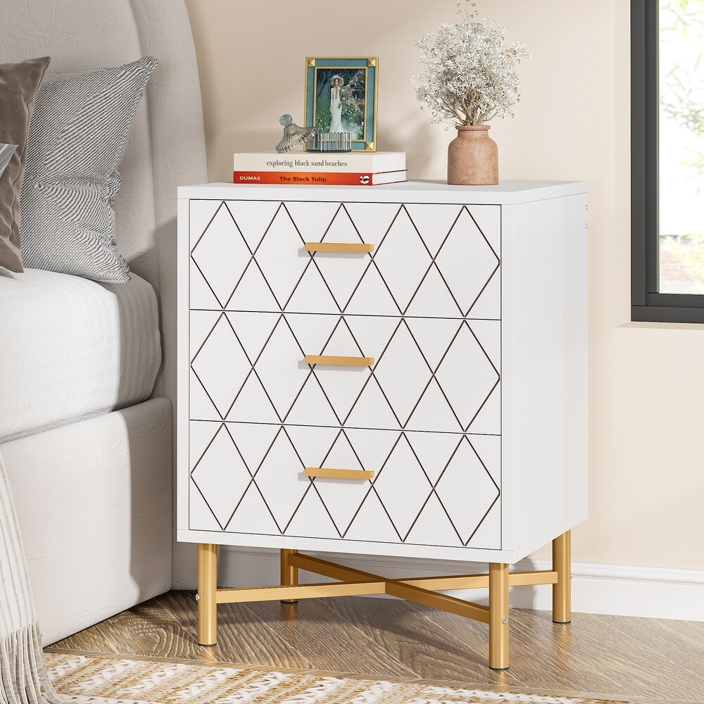 3 Drawer Nightstand Bedside Table with Diamond Design