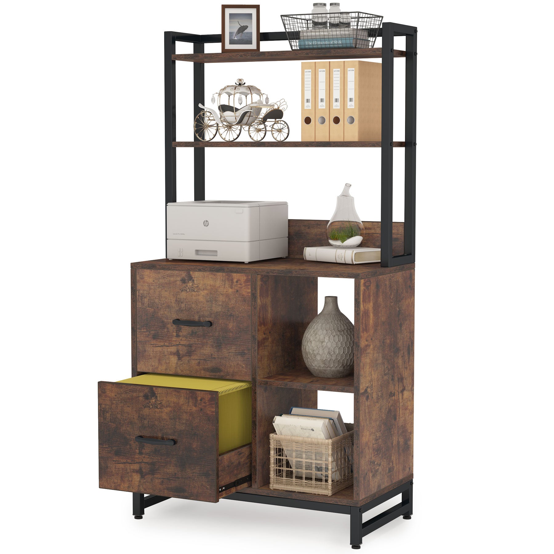 2-Drawer File Cabinet, Industrial Vertical Filling Cabinet with Bookshelf