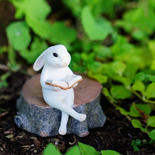 Top Collection Miniature Fairy Garden & Terrarium Bunny Reading on Stump Statue, Small