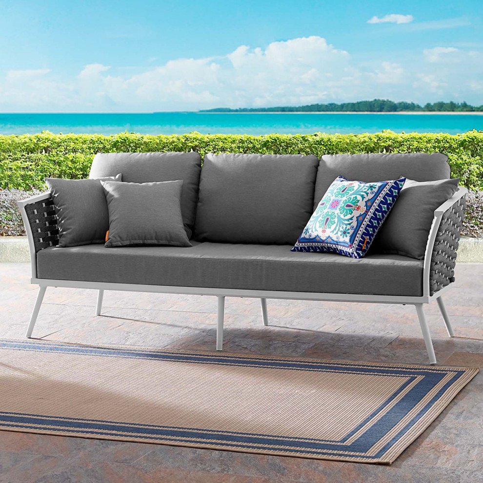 Modern Outdoor Patio Furniture Lounge Sofa  Fabric Aluminum  White Grey Gray   Midcentury   Outdoor Sofas   by House Bound  Houzz