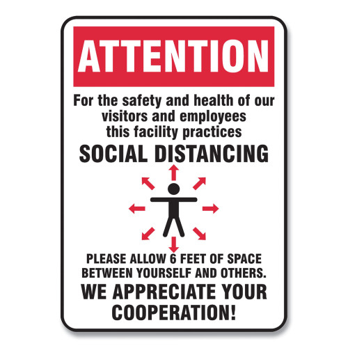 Accuform Social Distance Signs， Wall， 7 x 10， Visitors and Employees Distancing， Humans/Arrows， Red/White， 10/Pack (MGNG902VPESP)