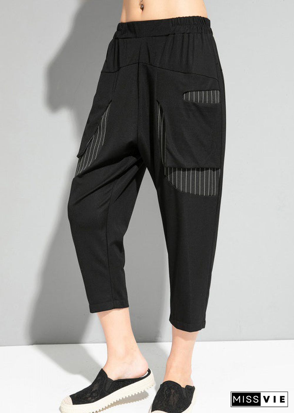 Fine Black Striped Patchwork Pockets Elastic Waist Crop Pants Summer