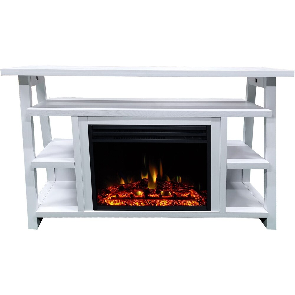 Hanover 32 In. Industrial Chic Electric Fireplace Heater with Deep Log Display and 5 Flame Colors  White/White   32 Inch