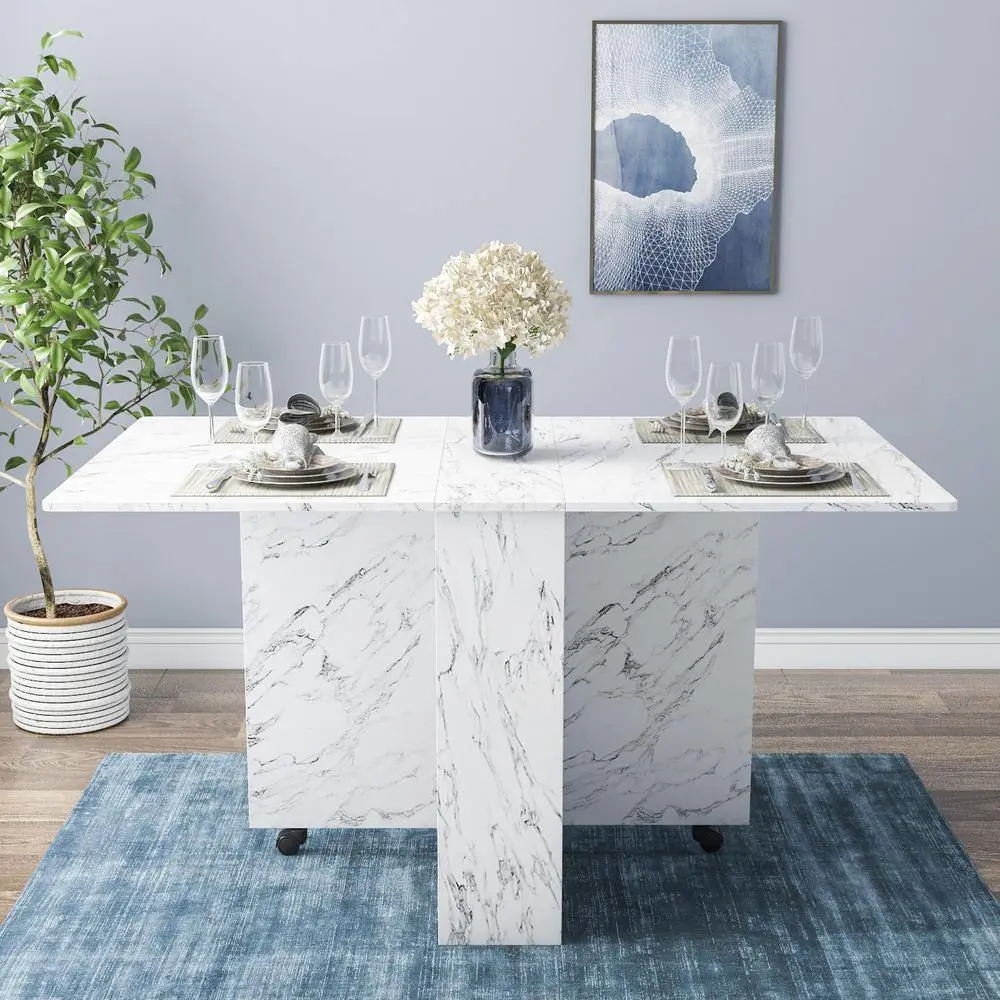 Dinaza 55.1 in. Rectangle White Marble Wood Folding Dining Table Drop Leaf Table with 2-Tier Racks with Wheels (Seats 6)