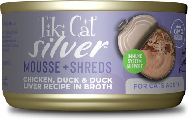 Tiki Cat Silver Chicken， Duck and Duck Liver Recipe in Broth Senior Shreds and Mousse Wet Cat Food， 2.4-oz can， case of 6