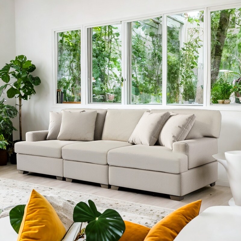 3 Seat Modern Sofa with Removable Back  Seat Cushions and 4 Comfortable Pillows  Upholstered Sofa for Living Room