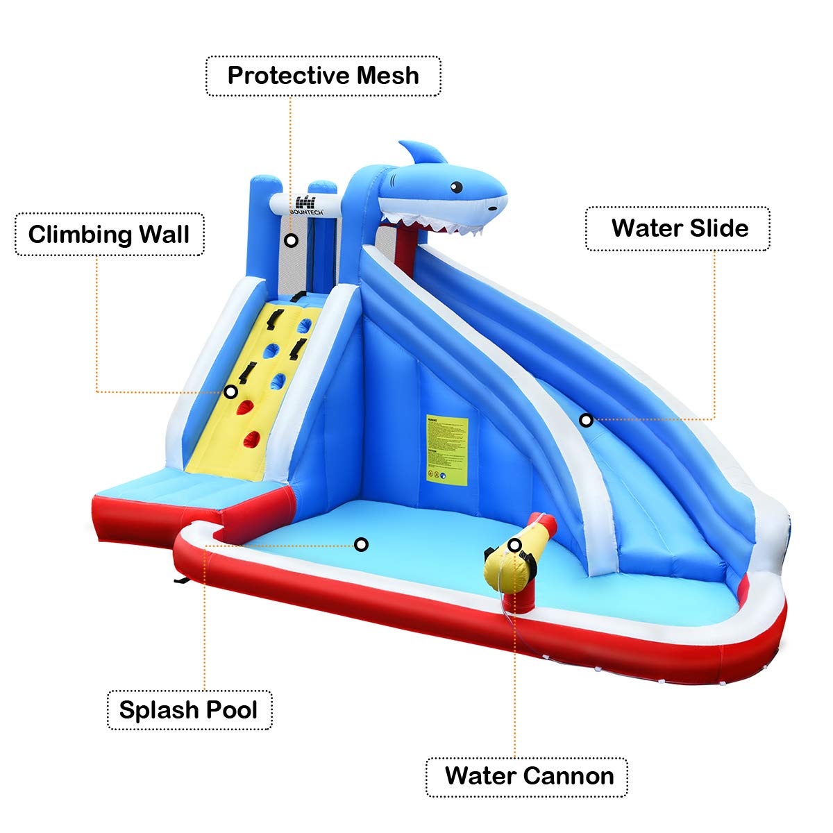 BOUNTECH 4 Kids Shark Themed Mighty Backyard Inflatable Water Slide w/ Climbing Wall