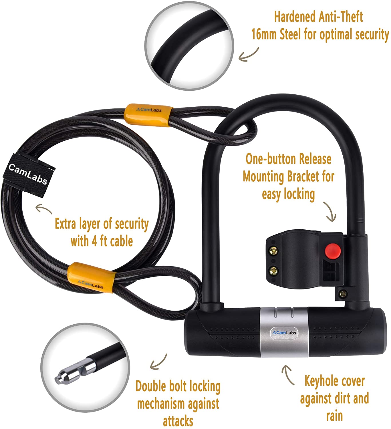 CamLabs Bike Lock， Cable， Multi Bike Tool and Bicycle Bell Set