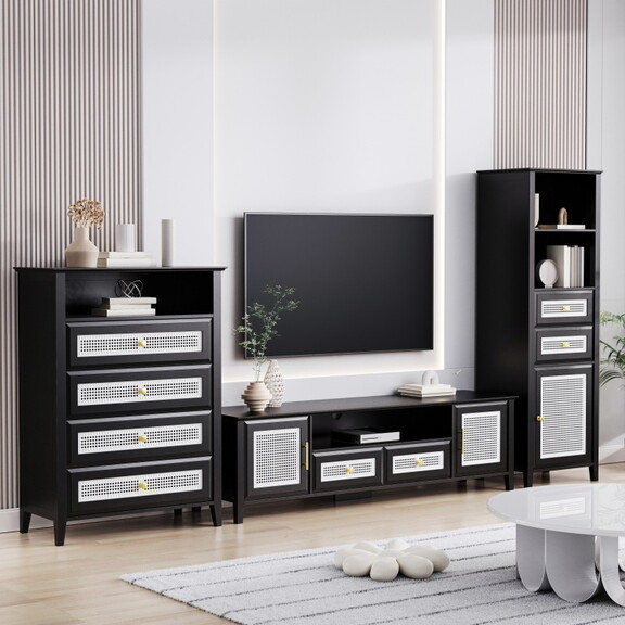 ON TREND Farmhouse Rattan TV Stand Set with Enhanc...