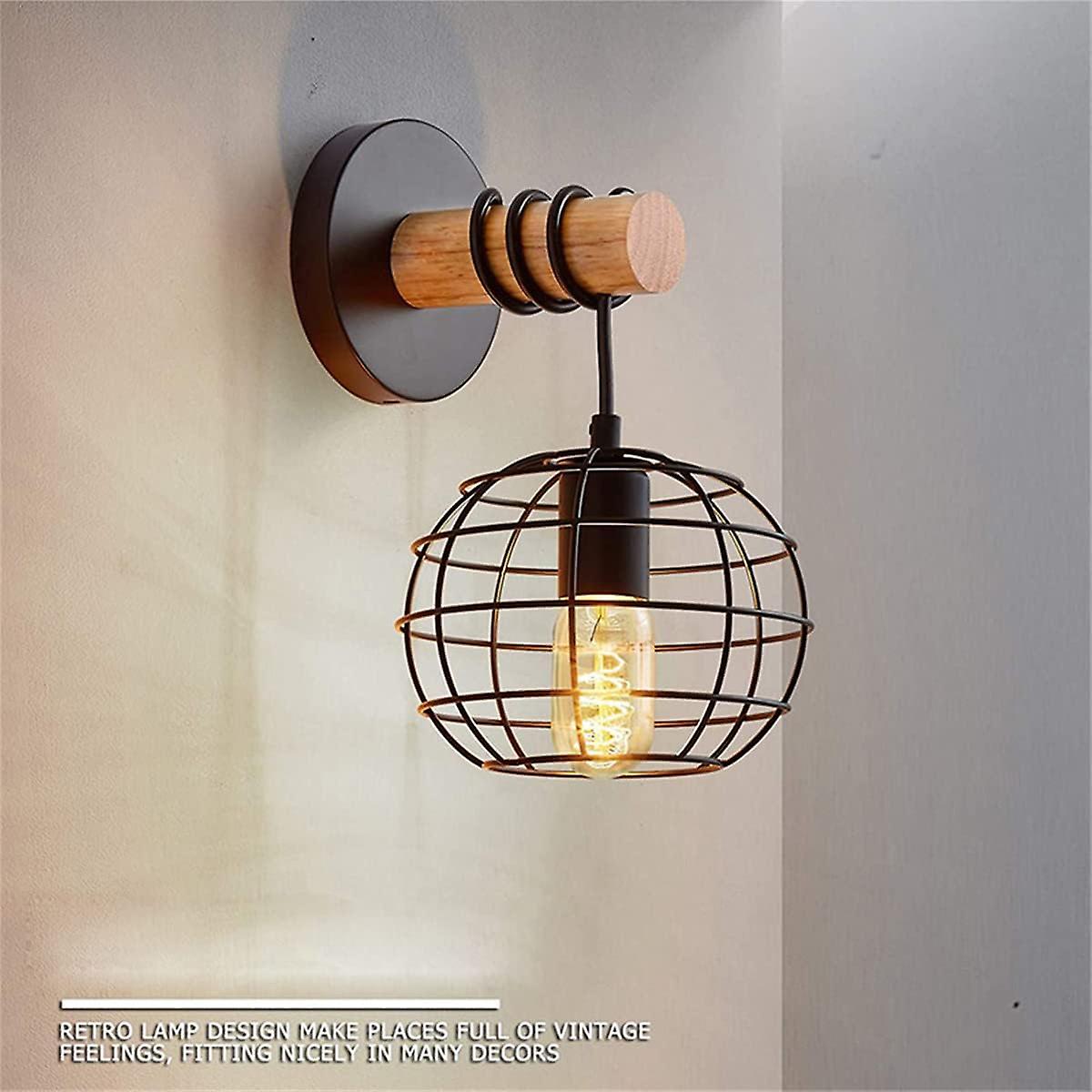 Led Wall Sconce Round Interior Industrial Metal And Wood Vintage Wall Lighting Cage Light For Bedroom Kitchen Dining Room (b)