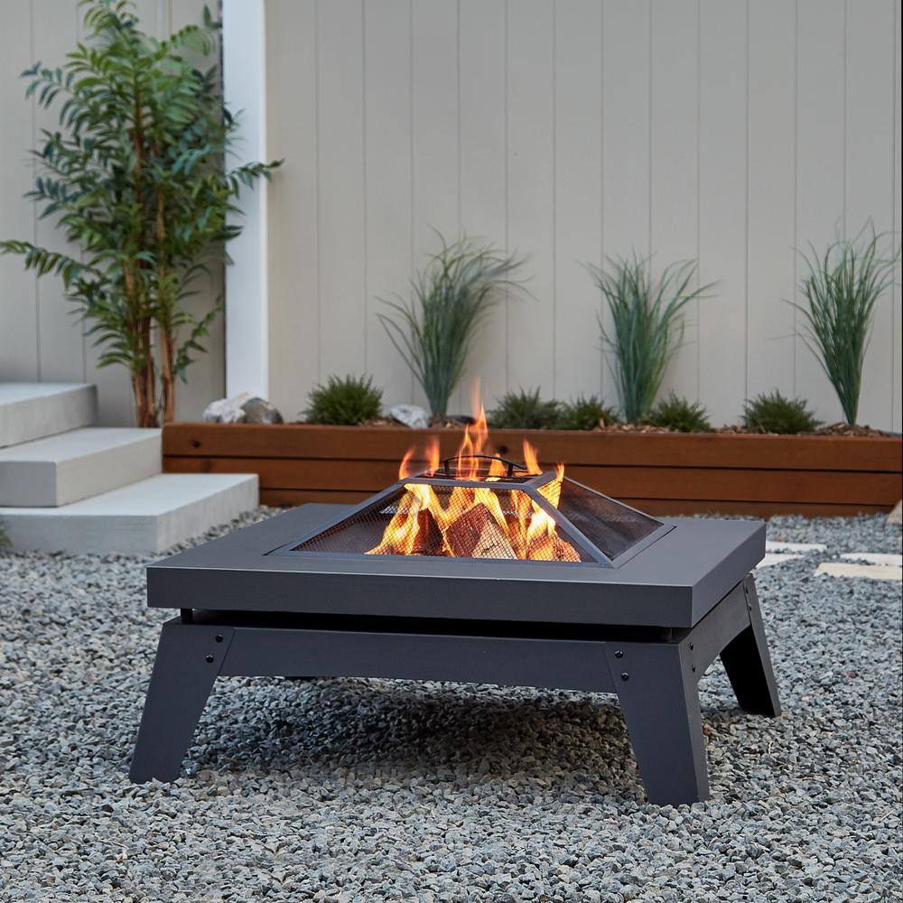 Real Flame Breton 37 in. x 20 in. Square Steel Wood-Burning Fire Pit in Gray with Spark Screen and Protective Cover 940-GRY