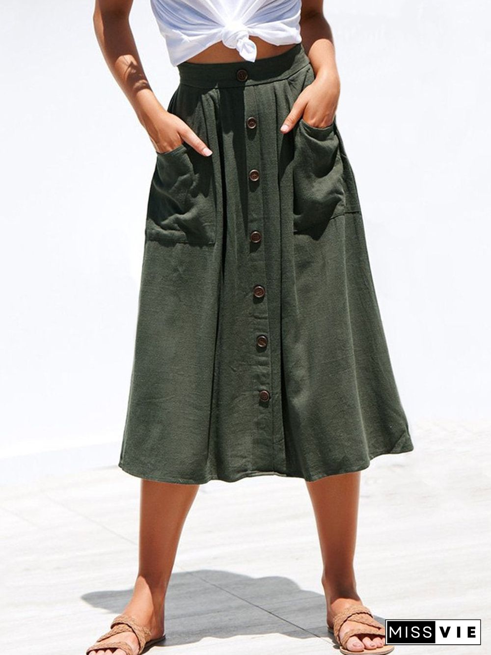 A-Lined Buttons Knee Length Midi Skirt With Pockets