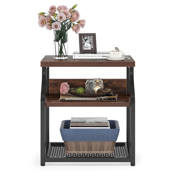 Side End Table ，Industrial 3-shelf Bedside Nightstands with Storage shelves for Small Space