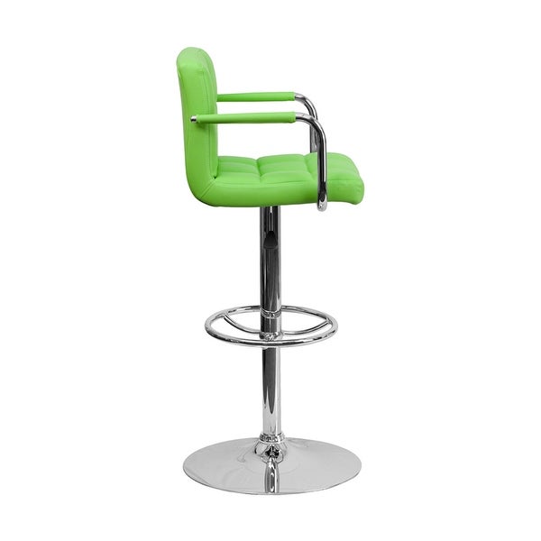 Offex Contemporary Green Quilted Vinyl Adjustable Height Bar Stool With Arms And Chrome Base