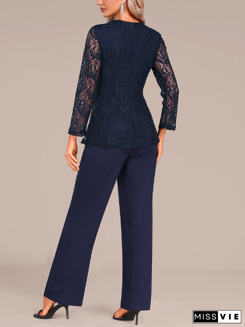 Lace Solid Color Long Sleeve Jumpsuit