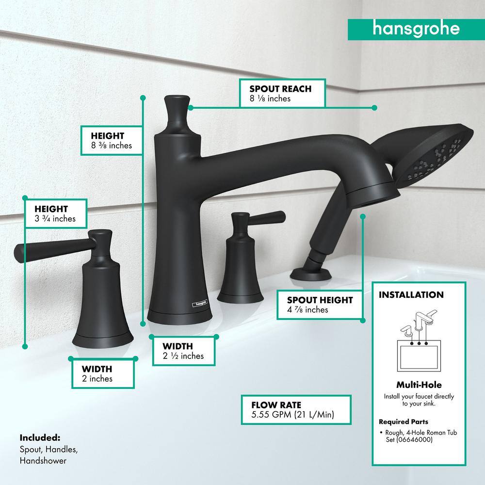 Hansgrohe Joleena 2-Handle Deck Mount Roman Tub Faucet with Hand Shower in Matte Black 04777670