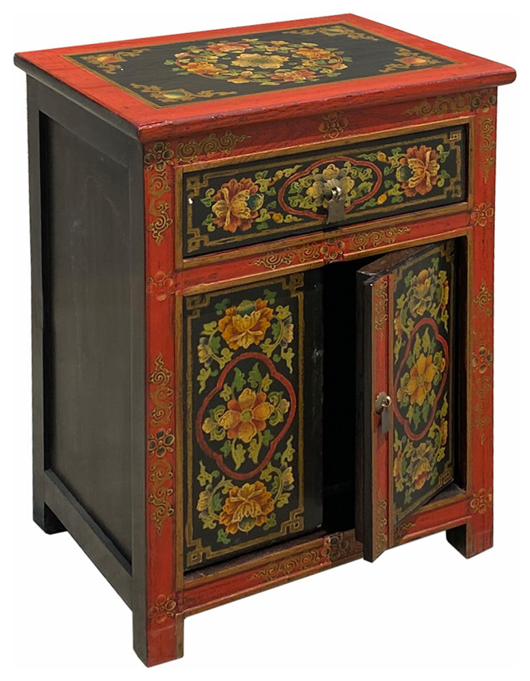 Tibetan Oriental Black Orange Red Floral End Table Nightstand Hcs6949   Asian   Side Tables And End Tables   by Golden Lotus Antiques  Houzz